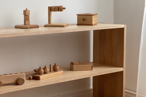 Montessori materials on the shelf of a child from 0 to 4